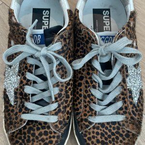 Golden Goose Superstar Leopard Print Pony Hair Glitter Star Distressed Sneakers